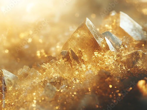 Abstract display of refined and raw gold minerals, harmoniously placed with soft focus in the background