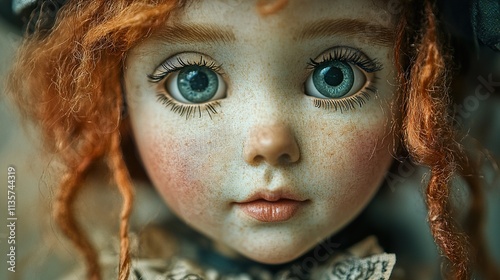 Close-up Portrait of a Freckled Doll with Red Hair photo