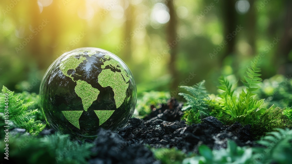 Glass globe with green Earth nestled in lush ferns. Illustrates environmentalism, sustainability, and global eco-consciousness. Glass globe with green Earth nestled in lush ferns. Illustrates environmentalism, sustainability, and global eco-consciousness.