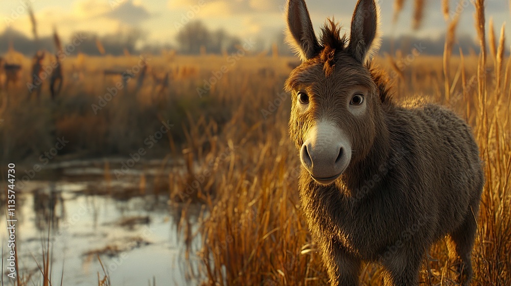 Fototapeta premium Adorable Donkey in Golden Hour Meadow