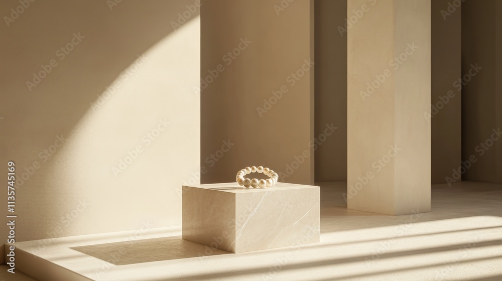 A modern minimalist scene with a pearl bracelet resting on a geometric marble pedestal, framed by a single spotlight, aliamij A modern minimalist scene with a pearl bracelet resting on a geometric marble pedestal, framed by a single spotlight, aliamij