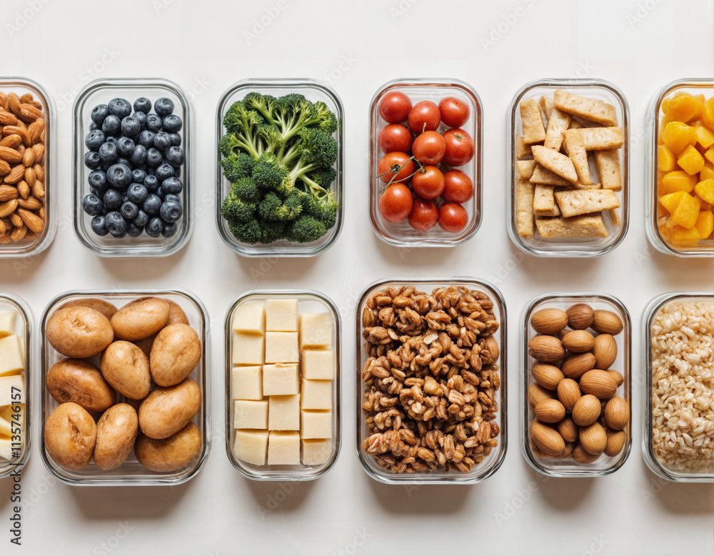 Healthy diet. Different meals in glass containers and products on white background, flat lay. Space for text Healthy diet. Different meals in glass containers and products on white background, flat lay. Space for text