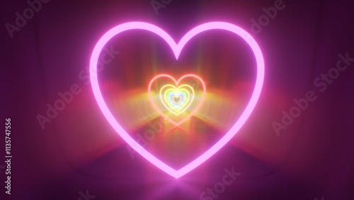 Endless Corridor Reflecting Rainbow Neon Heart Shaped Glowing Tunnel - Abstract Background Texture