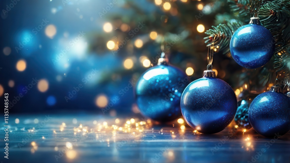 A beautifully decorated Christmas tree adorned with sparkling green and gold ornaments against a glowing, festive blue background. A beautifully decorated Christmas tree adorned with sparkling green and gold ornaments against a glowing, festive blue background.