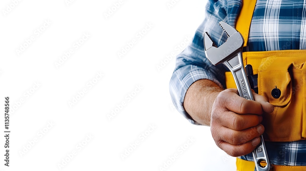 Close-up of a Person Holding a Adjustable Wrench in a Yellow Tool Belt Against a Plain White Background, Ideal for DIY and Construction Themes Close-up of a Person Holding a Adjustable Wrench in a Yellow Tool Belt Against a Plain White Background, Ideal for DIY and Construction Themes