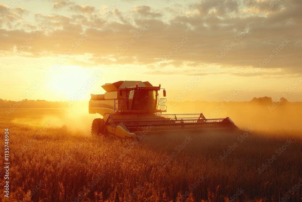Fototapeta premium Combine harvester at sunset, dust rising. Illustrates agricultural harvest & abundance.