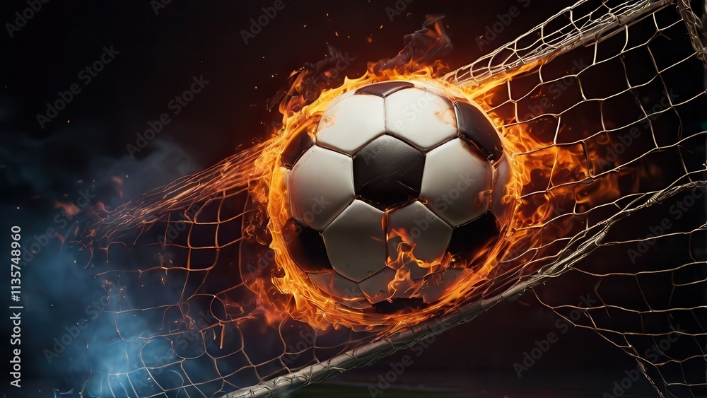 Fototapeta premium A flaming soccer ball smashing into the goal net with intense fire effects, creating a powerful and dynamic sports moment