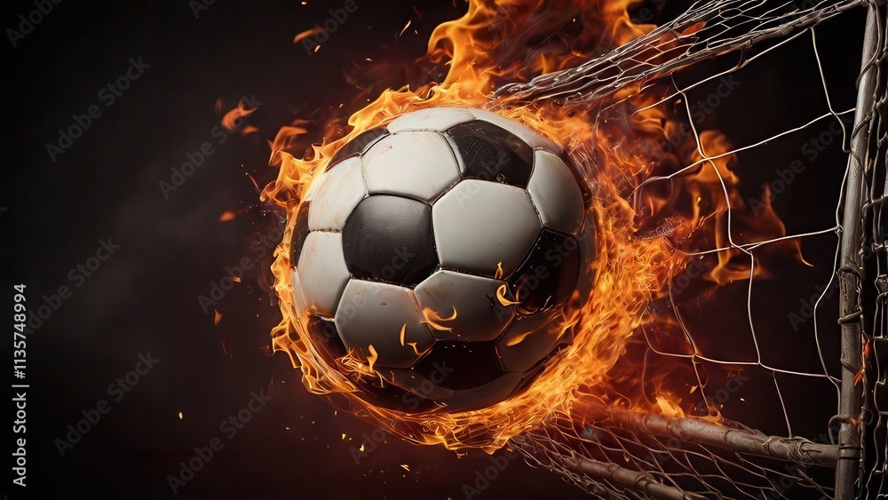 Naklejka premium A flaming soccer ball smashing into the goal net with intense fire effects, creating a powerful and dynamic sports moment
