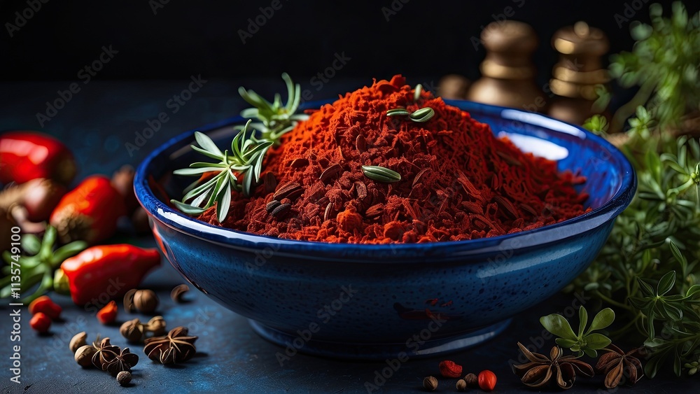 A dark background is contrasted with a blue ceramic dish filled to overflowing with vivid red spices and green herbs, which give flavor and perfume. A dark background is contrasted with a blue ceramic dish filled to overflowing with vivid red spices and green herbs, which give flavor and perfume.