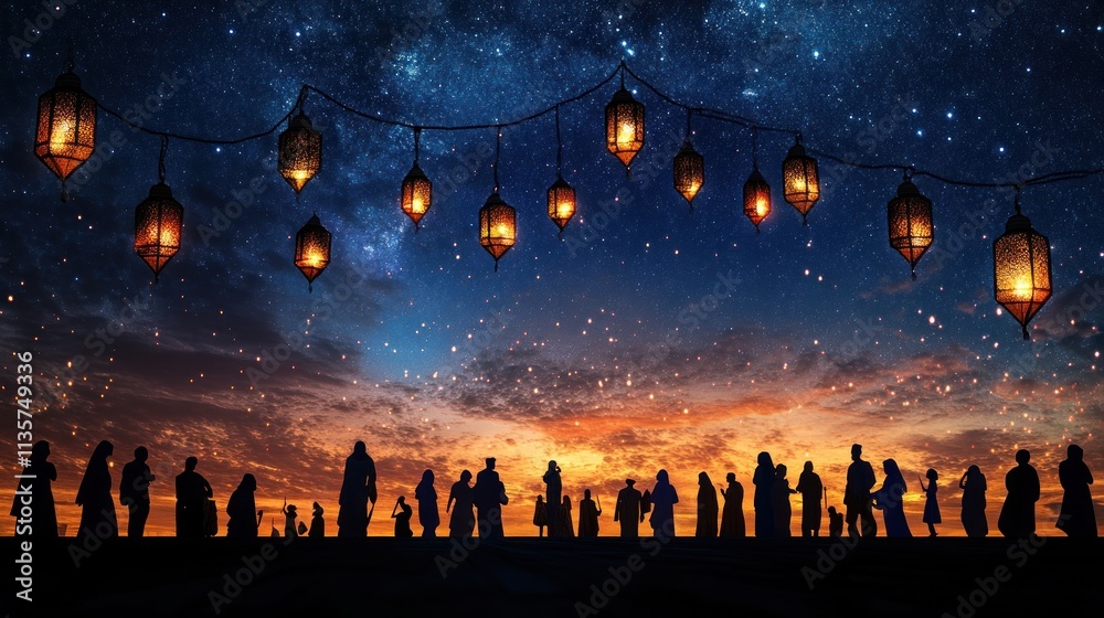 Silhouetted people gather under a night sky adorned with glowing lanterns.