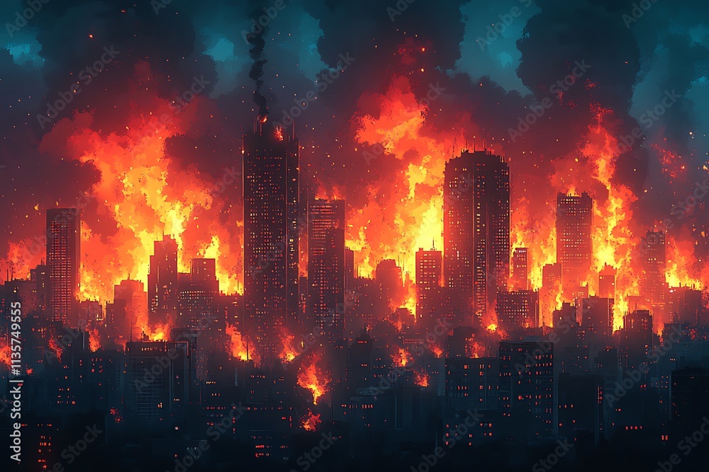 Fototapeta premium A City Engulfed in Flames, a Dramatic Disaster Scene