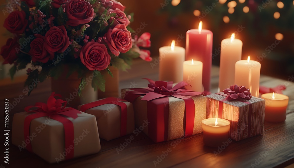 A cozy table setting with wrapped gifts, a bouquet of roses, and candles glowing warmly. A cozy table setting with wrapped gifts, a bouquet of roses, and candles glowing warmly.