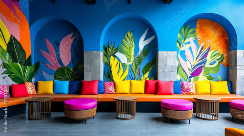 Vibrant tropical lounge with colorful seating and murals.