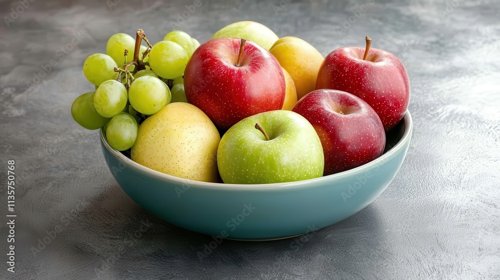 A bowl of mixed fruits, including apples and grapes. A bowl of mixed fruits, including apples and grapes.