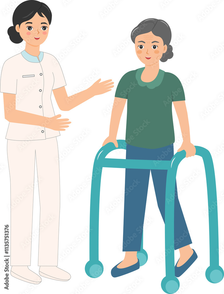 Obraz premium Elderly learn to walk with a walker.