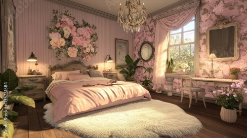 Elegant vintage bedroom with pink floral decor.