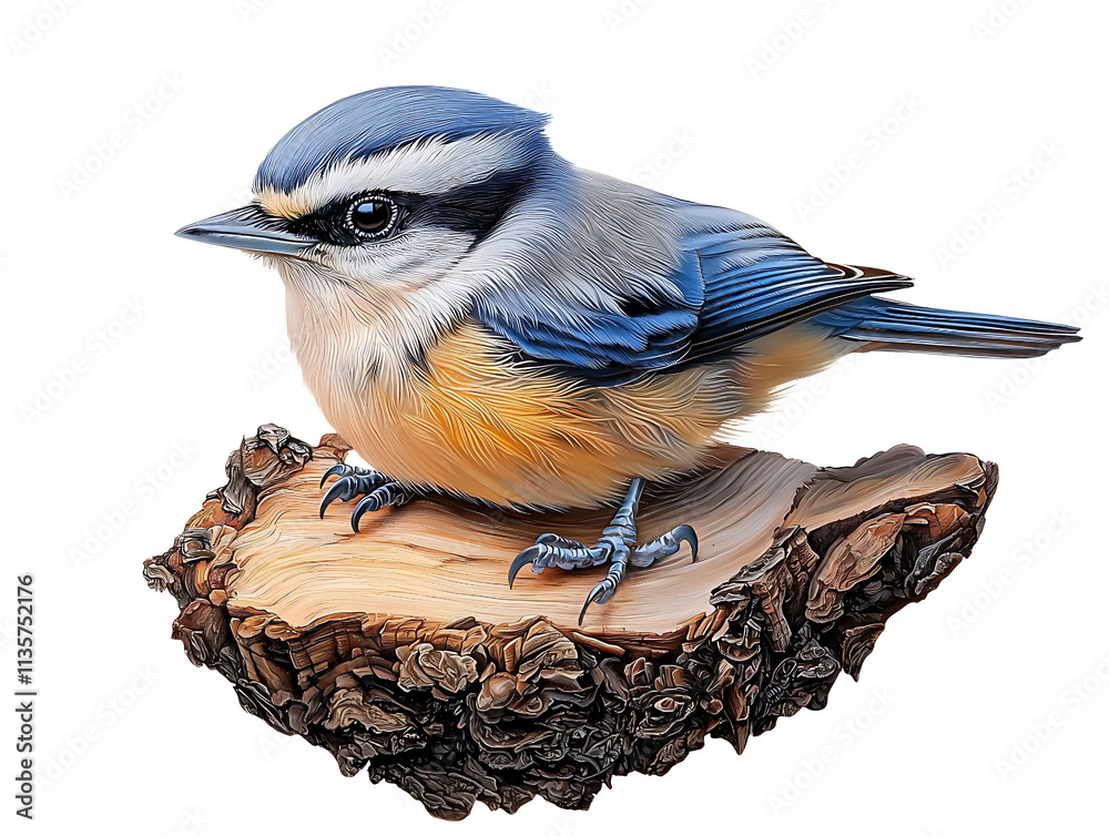 Obraz premium Colorful blue tit bird perched on natural wood nature scene detailed illustration close-up