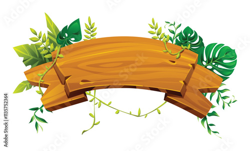 Tropical wooden banner with monstera and vine leaves creating a lush border. Vector cartoon illustration