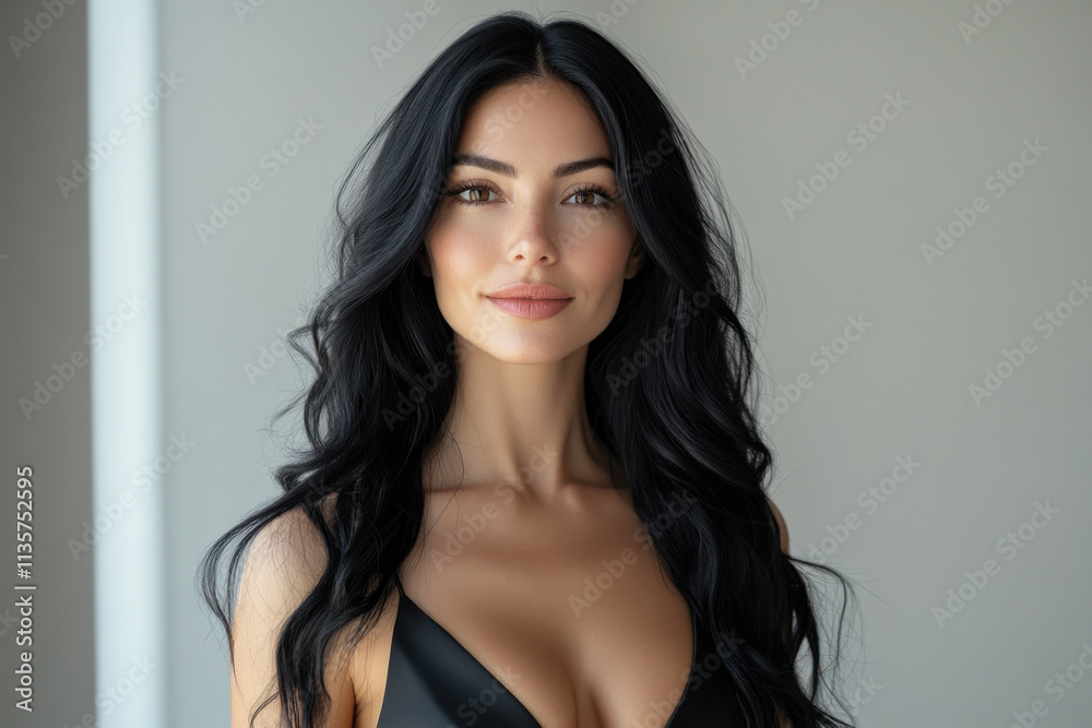Woman with long black hair in black bra, standing under the moonlight in a desolate desert, gazing into the distance with a sense of longing.