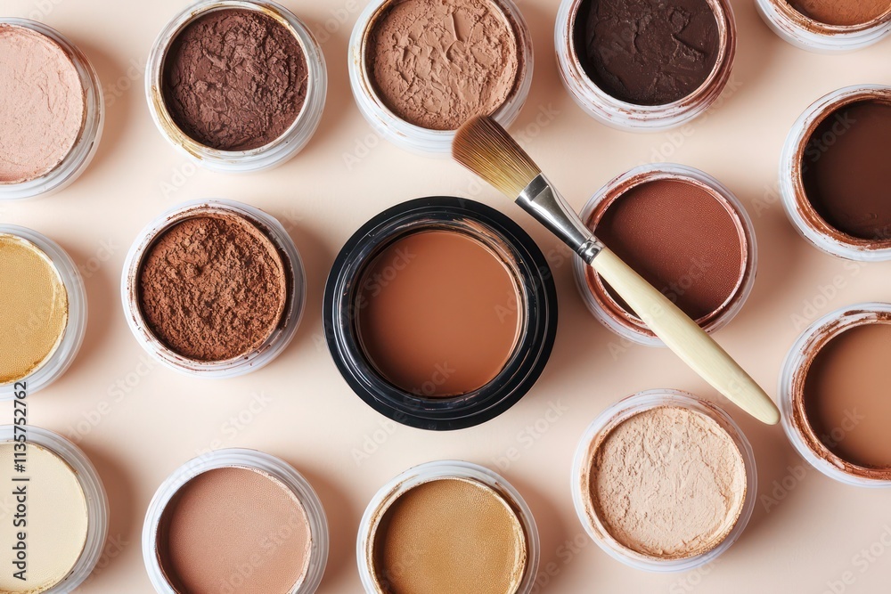 Top View Make up eye shadows top view brush on top beige chocolate coffee Mocha Mousse brown terracotta color Top View Make up eye shadows top view brush on top beige chocolate coffee Mocha Mousse brown terracotta color
