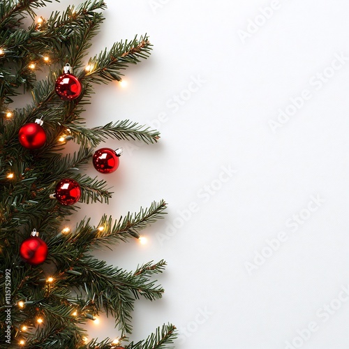 Festive Christmas Border: Red Ornaments and Twinkling Lights on a Fir Branch