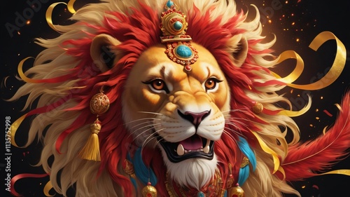 Majestic Lion with Ornate Headwear and Flowing Mane