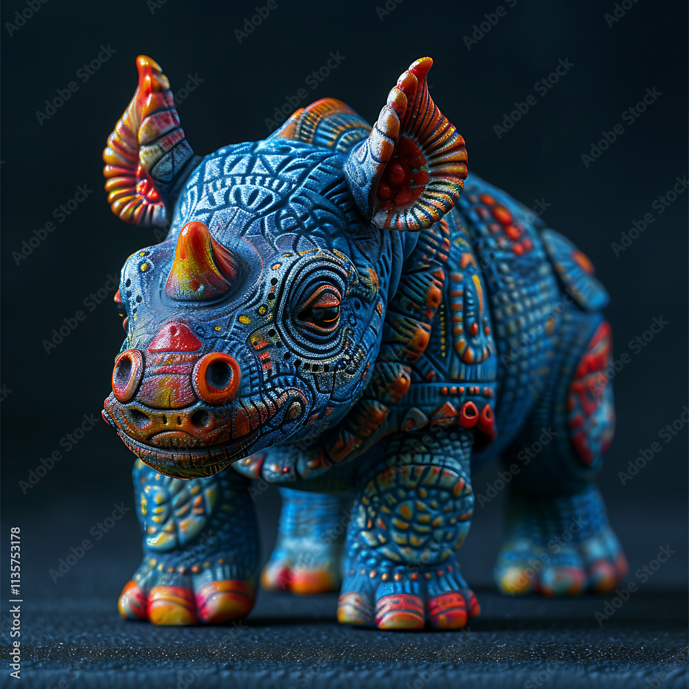 Obraz premium Vibrant and Artistic Toy Rhinoceros Figurine Isolated on a Smooth Plain Background, Perfect for Creative Projects and Decorative Purposes