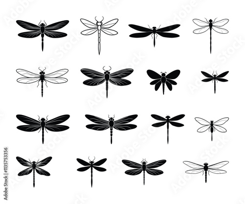 Dragonfly black silhouettes set.