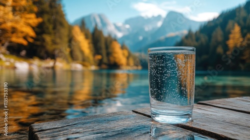 Glass of pure water standing on a wooden dock.