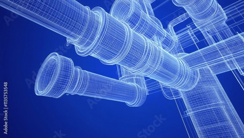 Abstract Wireframe Industrial Piping System Blueprint