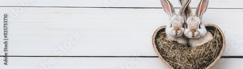 Two Cute Rabbits in a Heart-Shaped Basket Surrounded by Hay on a White Wooden Background, Perfect for Easter or Spring Celebrations