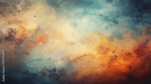 A colorful abstract painting with a blue and orange background