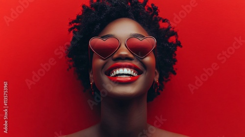 Happy Woman Red Heart Sunglasses Red Background Love Romance Valentine s photo