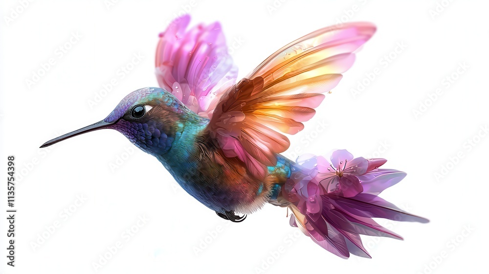 Fototapeta premium A colorful hummingbird mid-flight, isolated on white.