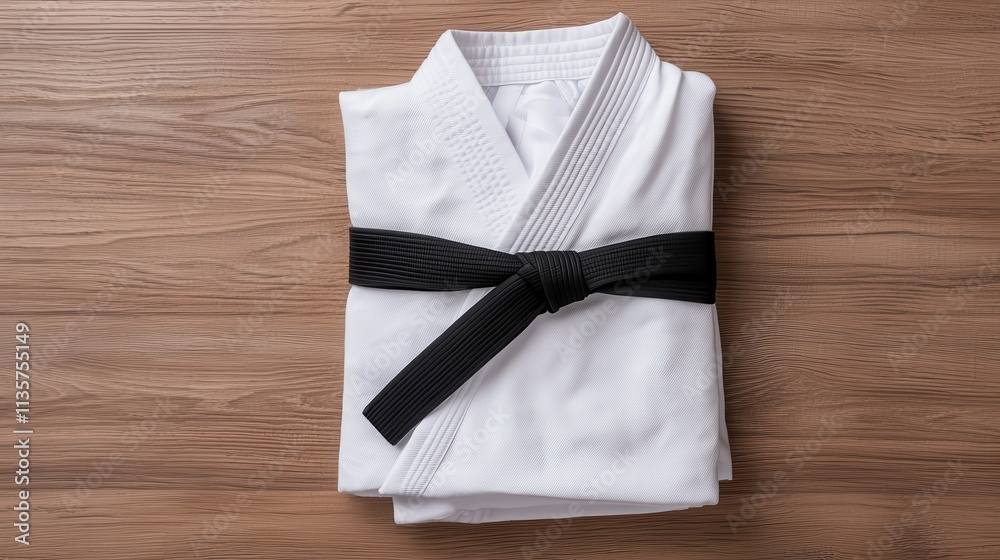 A karate uniform neatly folded with a black belt.
