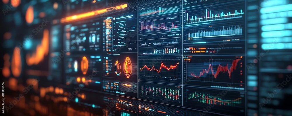 Obraz premium Business intelligence dashboard on a computer screen with an analyst evaluating performance metrics, KPIs, and database connections for finance, operations, sales, and marketing