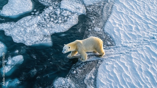 aerial view capturing a frozen tundra with a lone polar bear traversing the icy expanse. ultra realistic.