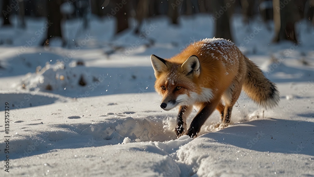 The silent beauty of new animal footprints on unspoiled snow on a winter day is captured in this close-up of fox pawprints moving through a snowy forest. The silent beauty of new animal footprints on unspoiled snow on a winter day is captured in this close-up of fox pawprints moving through a snowy forest.