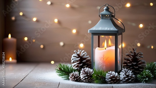 A calm, warm ambiance is created with a calm, burning Christmas lantern encircled by pine cones, frosted snowflakes, and soothing candlelight. Perfect for stock use in seasonal celebrations and holida photo