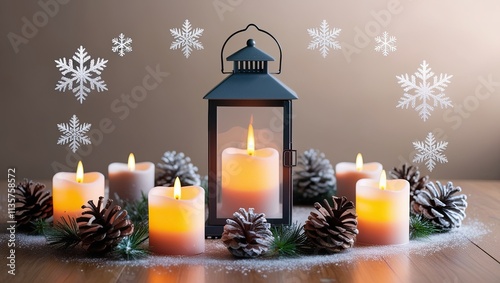 A calm, warm ambiance is created with a calm, burning Christmas lantern encircled by pine cones, frosted snowflakes, and soothing candlelight. Perfect for stock use in seasonal celebrations and holida photo