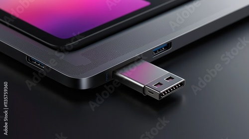 A USB flash drive plugged into a sleek laptop.
