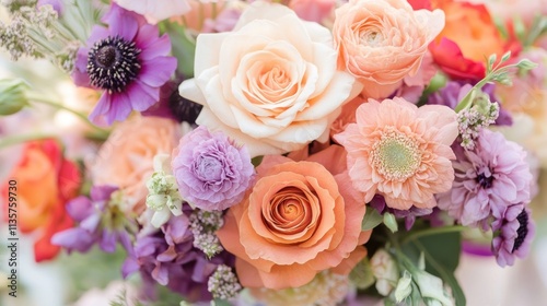 A vibrant bouquet of pastel roses and other flowers