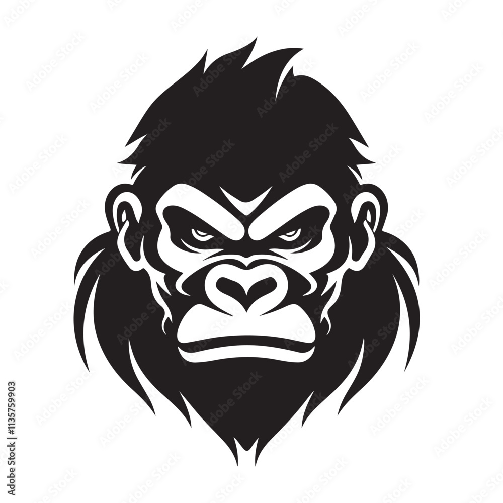 Bold black and white illustration of an angry gorilla head, featuring sharp lines and intense expression, perfect for logos or mascots, Wildlife Vector Designs. Bold black and white illustration of an angry gorilla head, featuring sharp lines and intense expression, perfect for logos or mascots, Wildlife Vector Designs.