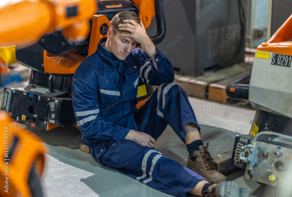 Fototapeta premium Stressed Factory Worker Resting on the Floor