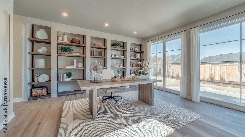 A modern office space featuring a desk, shelves, and large windows for natural light. A modern office space featuring a desk, shelves, and large windows for natural light.