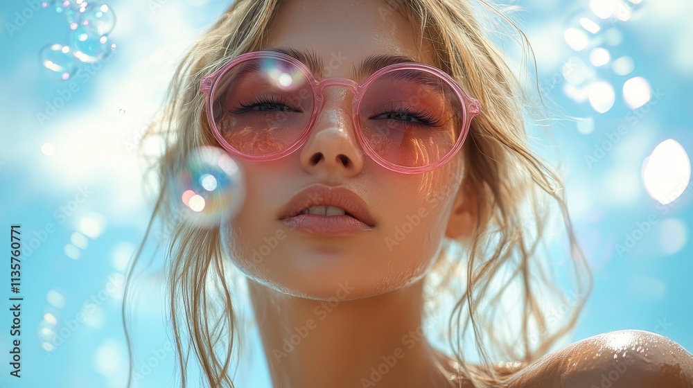 Stylish Blonde Woman Wearing Pink Sunglasses Under the Bright Sun Stylish Blonde Woman Wearing Pink Sunglasses Under the Bright Sun