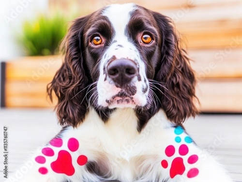 Charming Brown and White Dog with Colorful Paw Prints on Wooden Deck, a Perfect Representation of Playfulness and Joy for Pet Lovers and Animal Enthusiasts