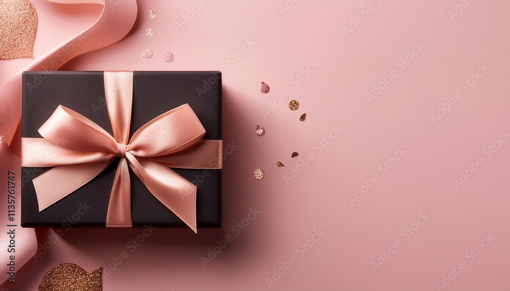 Black Gift Box with Rose Gold Ribbon on Pastel Pink Background. Top View of Mother Day Gifts with Copy Space Black Gift Box with Rose Gold Ribbon on Pastel Pink Background. Top View of Mother Day Gifts with Copy Space