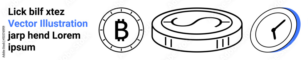 Bitcoin symbol, a dollar coin, and a clock. Ideal for finance, digital currency, time management, investment, banking, savings, and financial growth themes. Landing page Bitcoin symbol, a dollar coin, and a clock. Ideal for finance, digital currency, time management, investment, banking, savings, and financial growth themes. Landing page