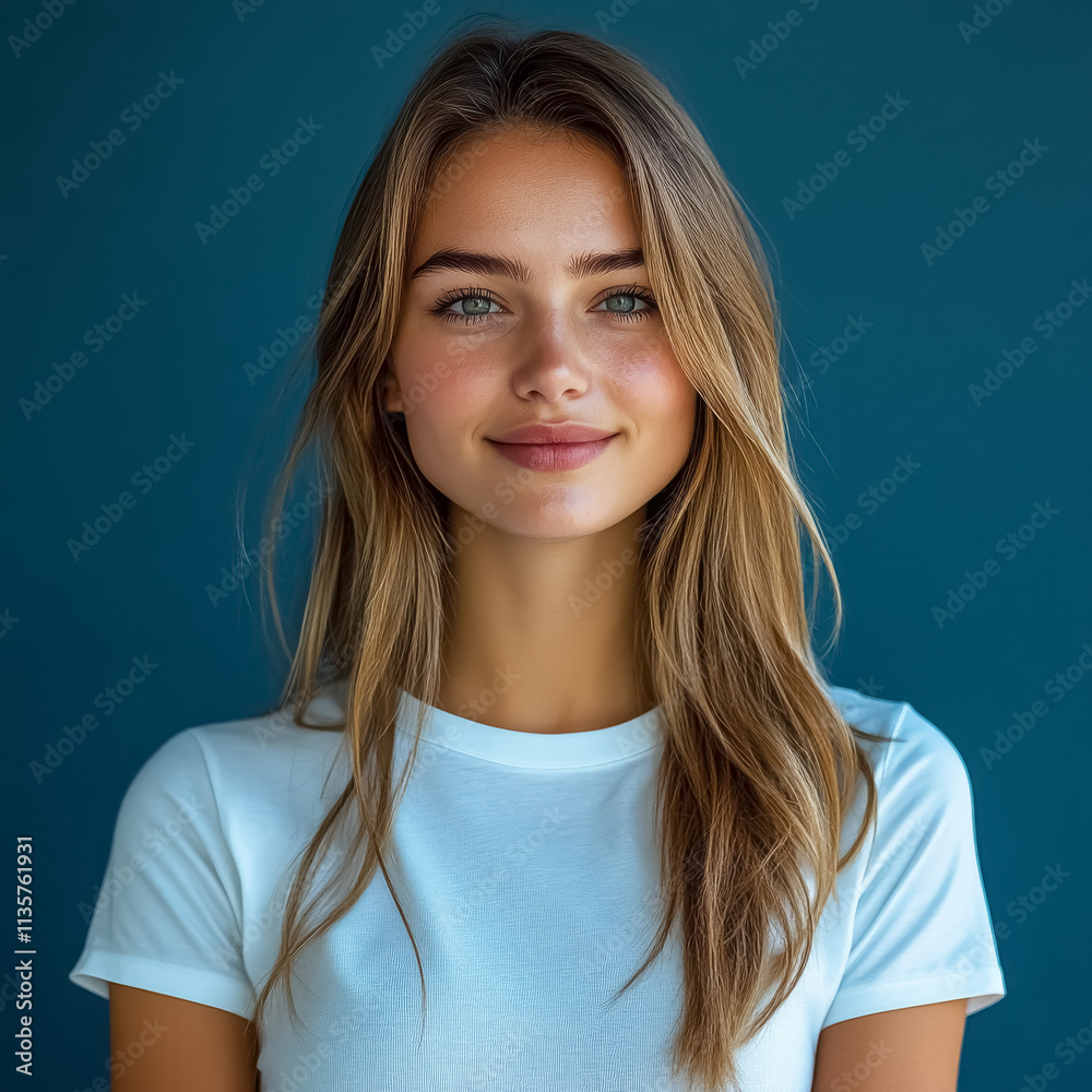 Fototapeta premium Blonde girl with long hair in a white T-shirt on a blue background, close-up.